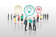 Business people with speech bubbles and icons on grey background